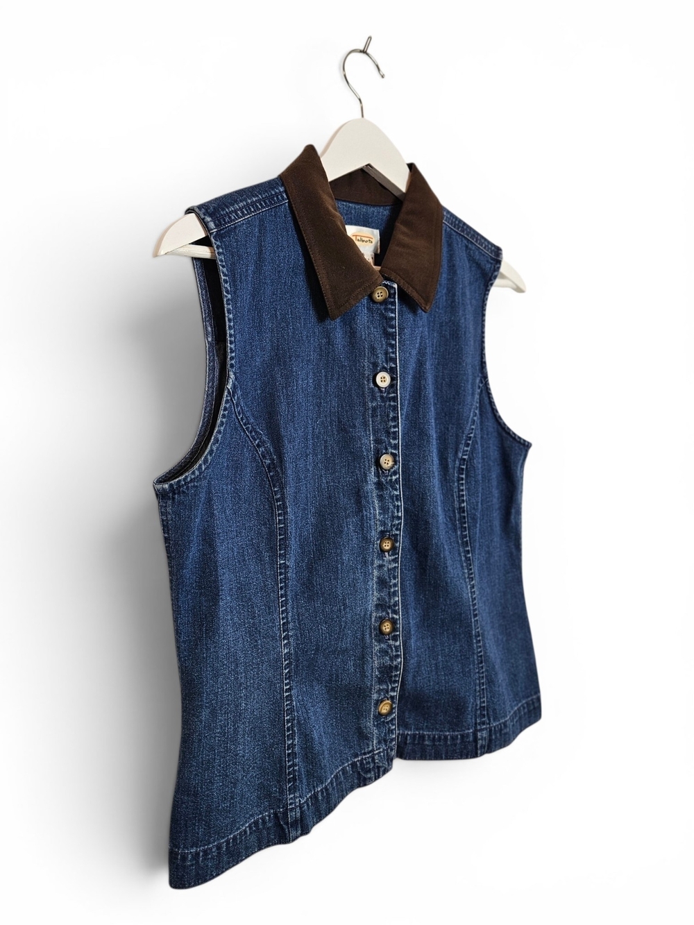 Talbots Denim Vest S Country Western Suede Collar Button Front Blue Vintage